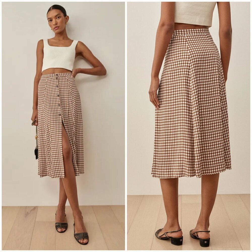 💕REFORMATION💕 Hermosa Skirt ~ Chestnut Check 12 NWOT
